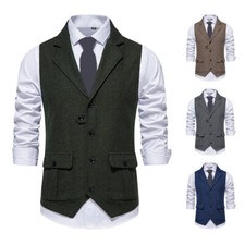Mens Herringbone Tweed Lapel Wool Waistcoat V-Neck Sleeveless Vest Vintage Suit