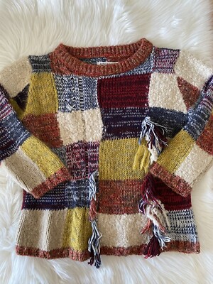 Anthropologie Artisan de Luxe Neutral Patchwork Knit Sweater Wool Fringe Small