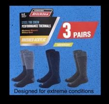 3PK Genuine Dickies Steel Toe Crew Performance Thermal B.Acrylic Socks Size 6-12