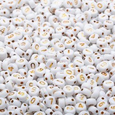 1000pcs Acrylic Number Beads 0-9 Round 4x7mm Small, White-Gold