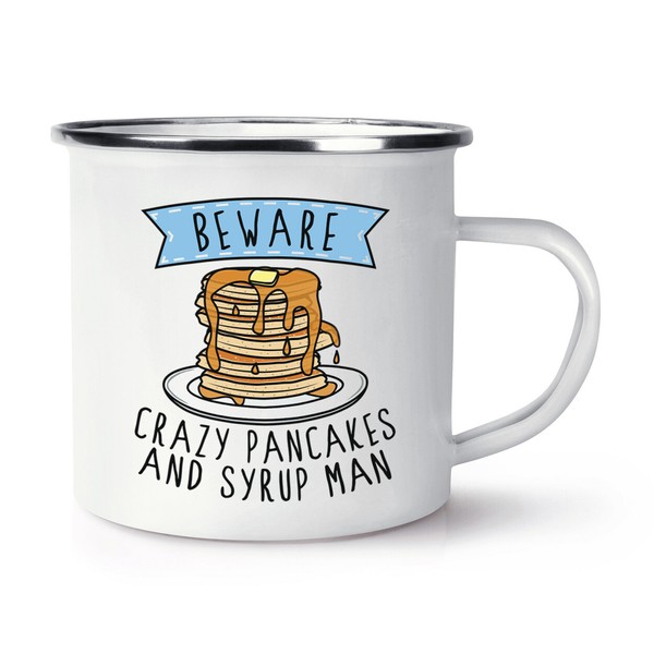 Beware VerrüCkte Pfannkuchen Und Sirup Mann Emaille Tasse Lustig Essen FrüHstüCk-image