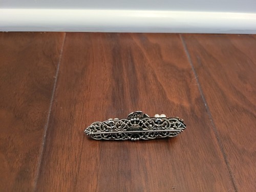 Vintage Miriam Haskell Silver Tone Faux Pearl & Crystal Brooch, 2 3/4" SIGNED - Picture 5 of 6