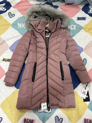 DKNY Womens Faux-Fur Removable Hooded Puffer Coat XS PINK NEW