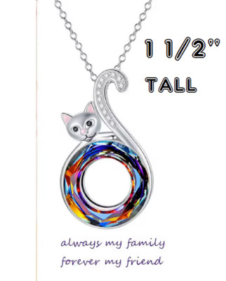 shiny CZ RAINBOW CAT LOVE Charm on DIAMOND Cut 925 Silver 18'' Necklace Women