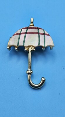 Parasol Umbrella Plaid Mother of Pearl MOP Vintage Silver Tone Brooch Pin