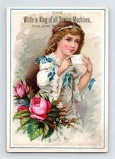 White Sewing Machine Little Girl Rose Flower 1890s Victorian Trade Card 3" x 5"