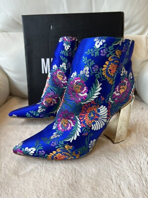 Misguided Womens Blue Floral Boots Embroidered With Gold Heel UK