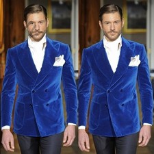 Royal Blue Velvet Men's Suit Peak Lapel Double Breasted Formal Wedding Tuxedos