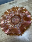 ANTIQUE DUGAN PASTEL FISH SCALE & BEADS CARNIVAL GLASS PLATE/BOWL - MARIGOLD 7"