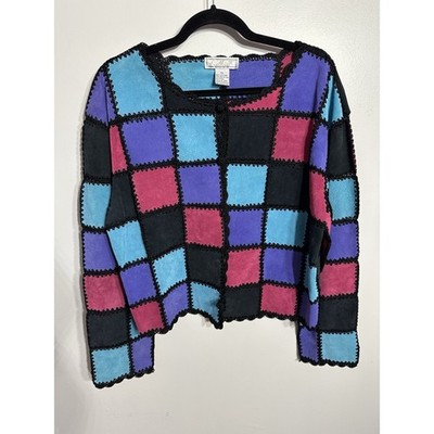 Vintage Suede Multicolored Patchwork Crochet Jacket SMH Boutique Women s XL Boho