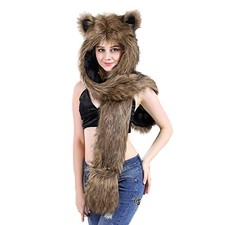 3 in 1 Furry Animal Hood Hat Scarf Mittens Warm Plush Earflaps One Size Brown
