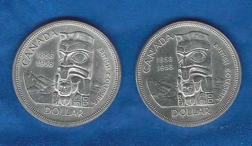TWO 1958 CANADIAN TOTEM POLE $1 DOLLARS CIRCULATED COIN - 80% PURE SILVER -