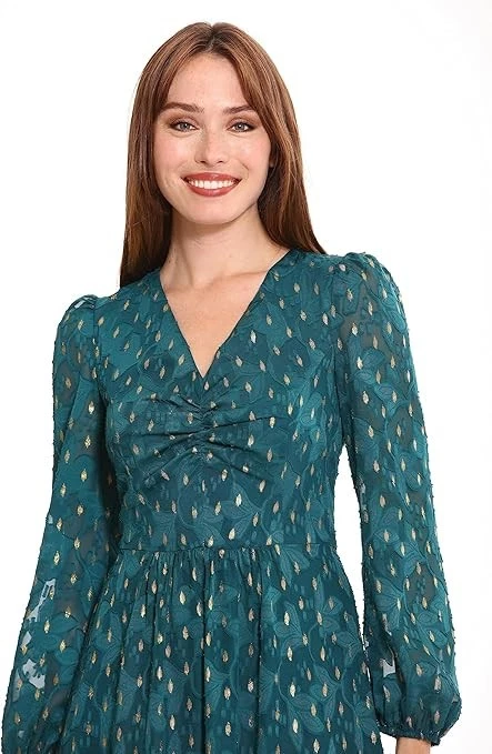 Vestido para mujer London Times verde manga alfil en capas talla 12 Foto 4 de 4