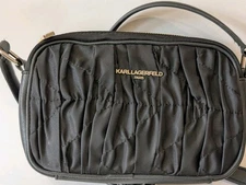 KARL LAGERFELD PARIS LEATHER AND RUCHED FABRIC BLACK CROSS BODY PURSE ADJ STRAP