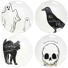 Transpac 8.00In Halloween Line Art Plates St/4 Black Cat Ghost Crow Skull R0232