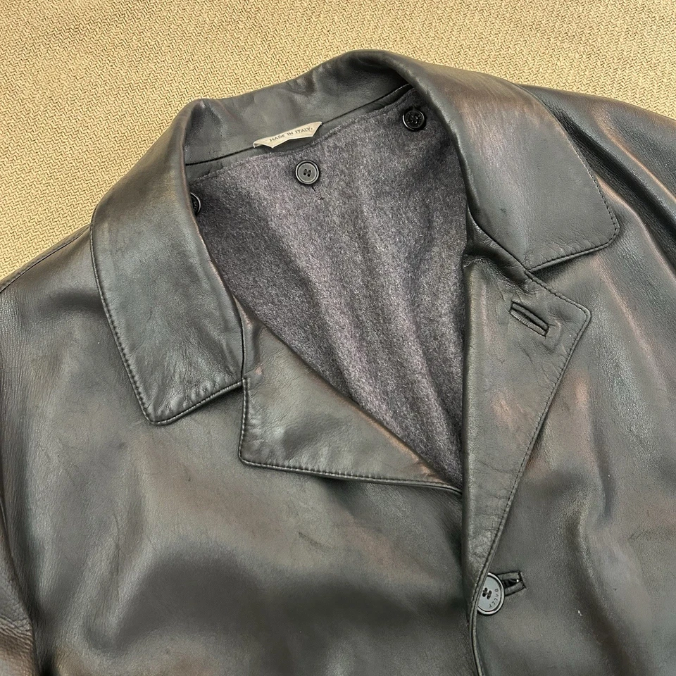 Vintage Bally Black Leather Duster Long Coat With Wool Liner Jacket 44 - Image 2 of 4