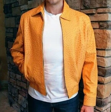 New Men's 90's Bomber Stylish Genuine Ostrich Embossed Leather Jacket 