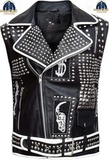 Men's Black Leather Studded Biker Vest Punk Rock Gothic Skull Motorcycle Vest