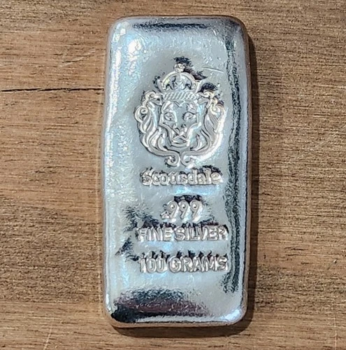 100 Gram Cast Silver Bar by Scottsdale Mint .999 Silver Bullion - 100g