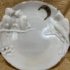 Antique Milk Glass Owl Lovers Plate with bronze toned moon