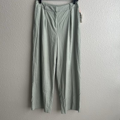NEW Open Edit Olive Green Halo Linen Blend Stretch Wide Leg Trouser Pants 8