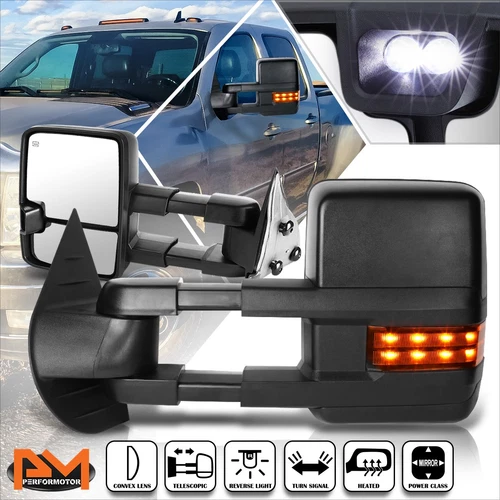 For 07-14 Silverado/Sierra Power+Heated Black Towing Mirror+LED Signal Lamp Pair