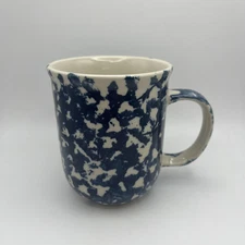 Folk Craft Hearts Blue Mug 3.75” Blue Sponge Patterned Coffee Cup