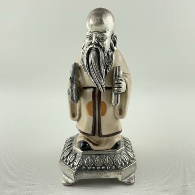Chinese Pewter & Ceramic Figure Statue Old Wise Man w Scroll Made in Italy VTG