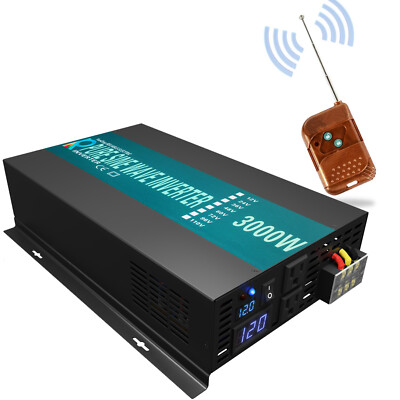 3000W Pure Sine Wave Inverter 12V 120V Power Home Solar Camp Car Remote Control