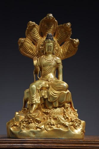 Statua Bodhisattva Albero Drago Dorato 10,2" Vecchio Tempio Buddismo Tibet Bronzo 24k - Foto 1 di 9