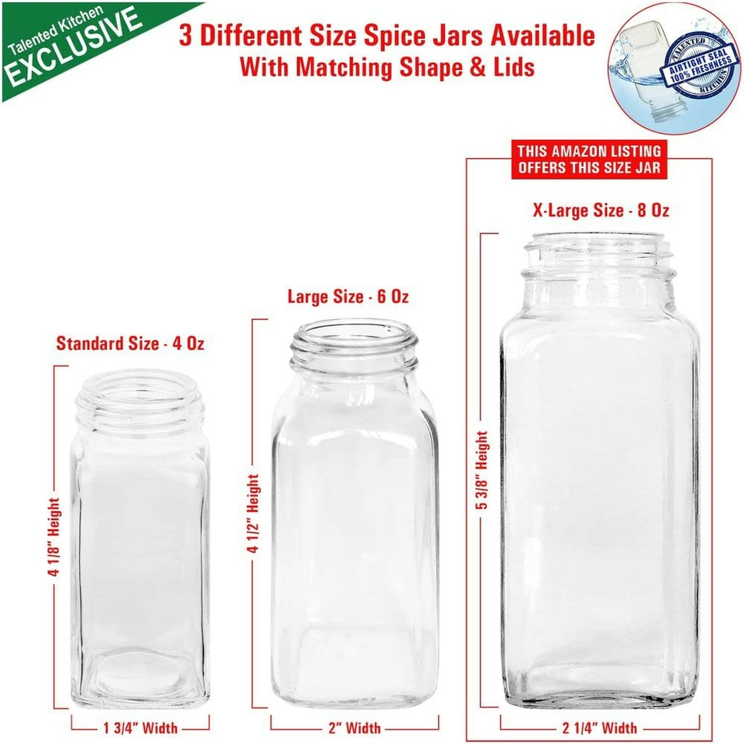 Talented Kitchen 8 Pack Large Glass Spice Bottles