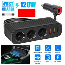 Car Cigarette Lighter Socket Splitter 12/24V 120W Fast Charger QC3.0+USB 3.1A+PD