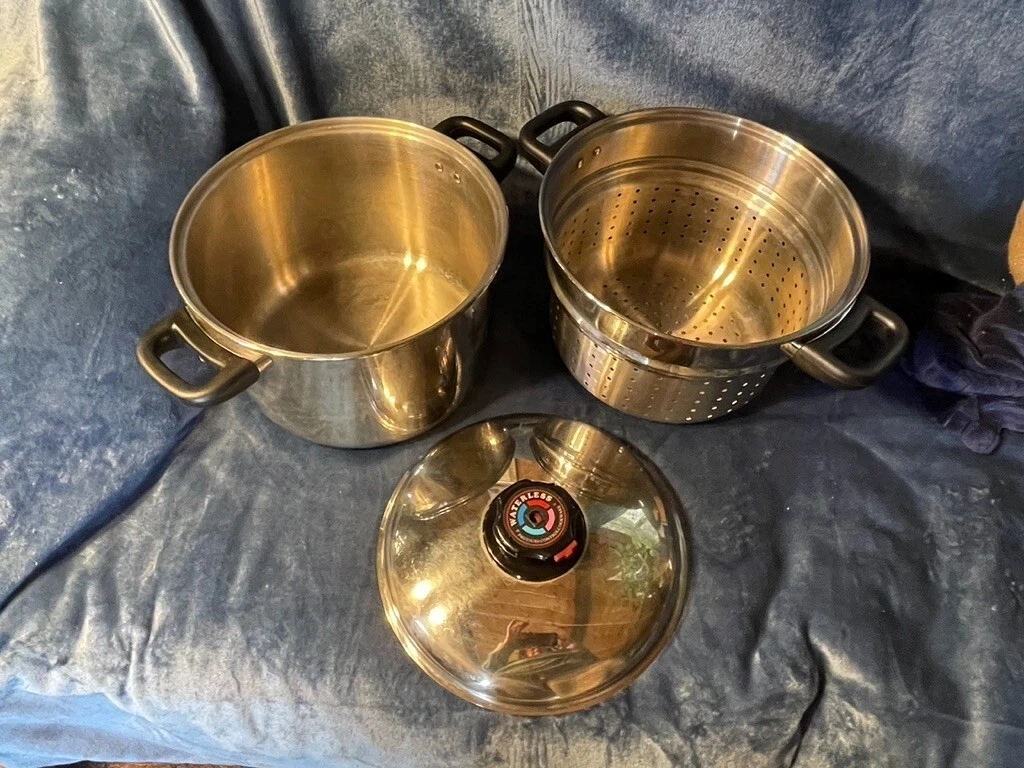 6QT WATERLESS STOCKPOT STAINLESS LID STEAM BASKET POT DOUBLE HANDLES MINT