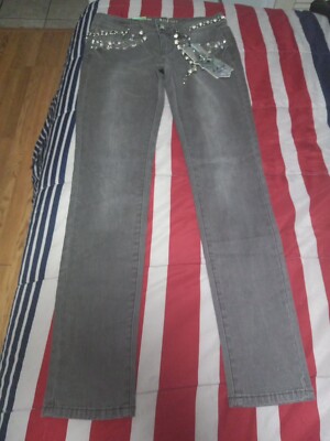 L.A Idol Usa Women's Rhinestones Beige Low Rise Jeans W/ Rhinestones Belt Size 9