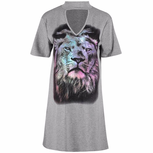 NEW LADIES LION PRINT MINI DRESS CHOKER V NECK WOMENS T-SHIRT TUNIC SUMMER TOP - Picture 5 of 5