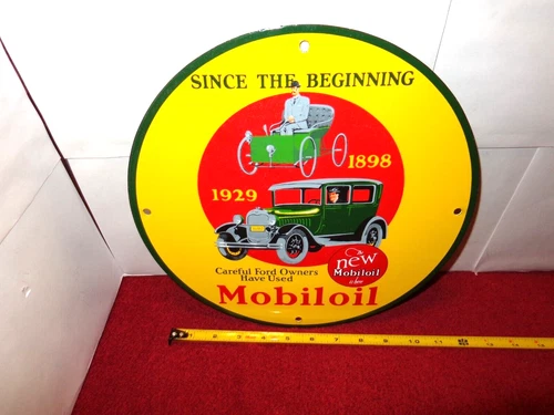 VINTAGE FORD OWNERS USE MOBIL MOBILOIL PORCELAIN METAL MODEL T CAR GAS+ OIL SIGN