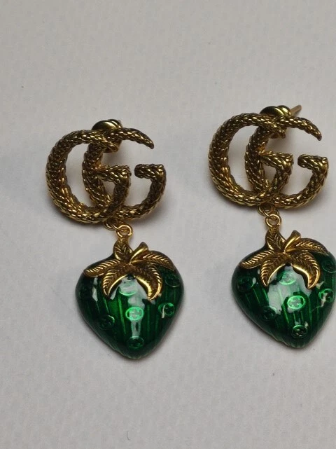 Boucles d'oreilles pendantes femme Gucci vert ton or élégant bijou vintage