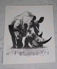 RARE Vtg Black Rhino Print Rod Frederick Wildlife Artist Gray White 1977 11"x13"
