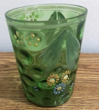 Northwood Victorian Style Glass Tumbler 4-1/4” Hand Painted Green Floral. Vtg