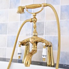 Gold Color Brass Deck Mount Bathtub Clawfoot Bath Tub Faucet w/ Hand Shower