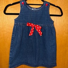 Liberty Denim Jumper Dress Kids 4T Blue Heart Print Red Bow Vintage Made in USA