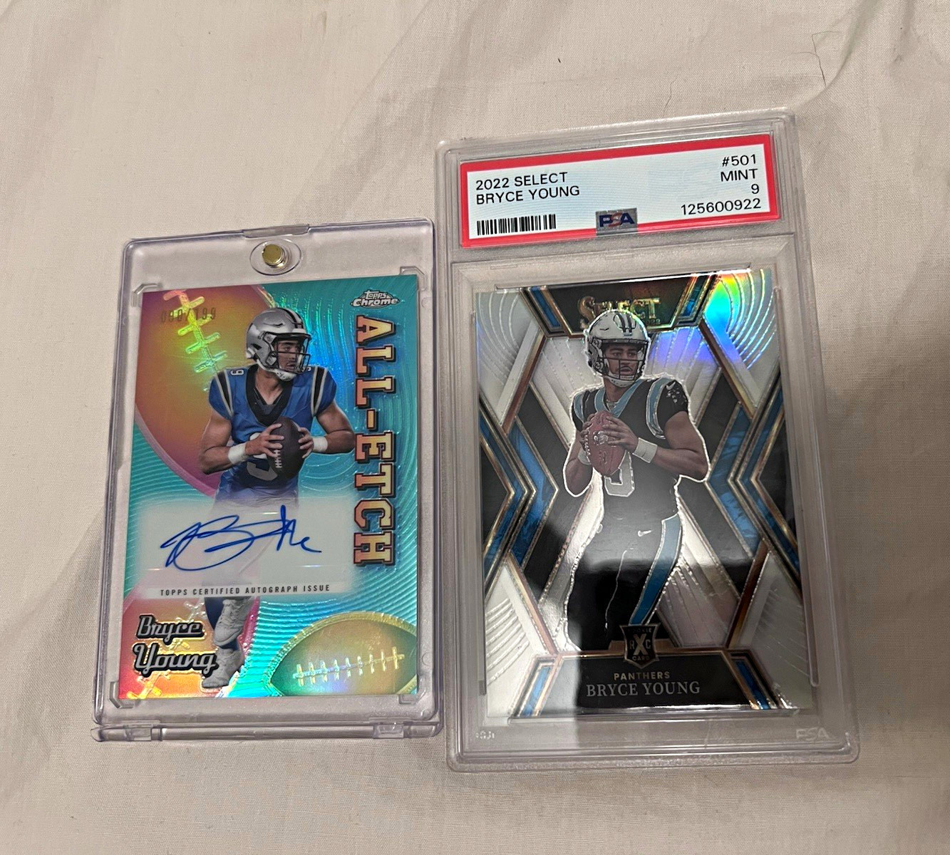 Topps Bryce Young Panthers 2-Card Lot: 2024 Chrome All-Etch Auto + PSA #501 (RC)