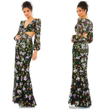 Mac Duggal Floral Sequin Cutout Gown Size 10 Black Multicolor Long Dress NWT