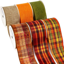 Fall Burlap Ribbon,Natural/Orange/Sage Green/Fall Color Plaid Wired Ribbon, 2 In