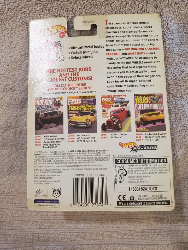 Hot Wheels - Car Craft Editor's Choice - Yellow 1970 Chevelle SS - on Card - Image 2 of 2