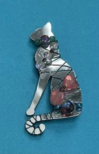 Vintage Signed Liztech 94 Cat Pin Brooch Artisan Beads Mirror