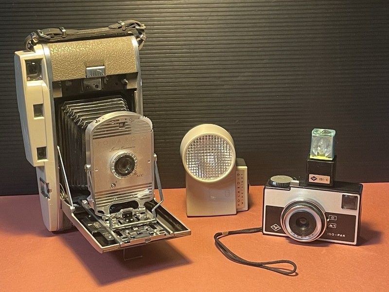 2 Cameras - Polaroid Land Camera 800 w/ Wink Light Flash + an Agfa Iso-Pak