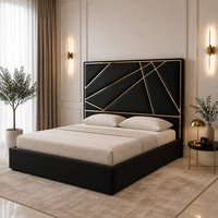 BLACK VELVET SUPER KINGSIZE BEDFRAME GOLD ACCENT DETAILLING BED FRAME