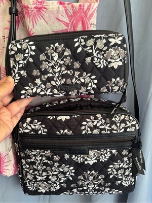 Vera Bradley Black Quilted Floral Crossbody Bag w/ Matching Wallet. 2-piece Set.