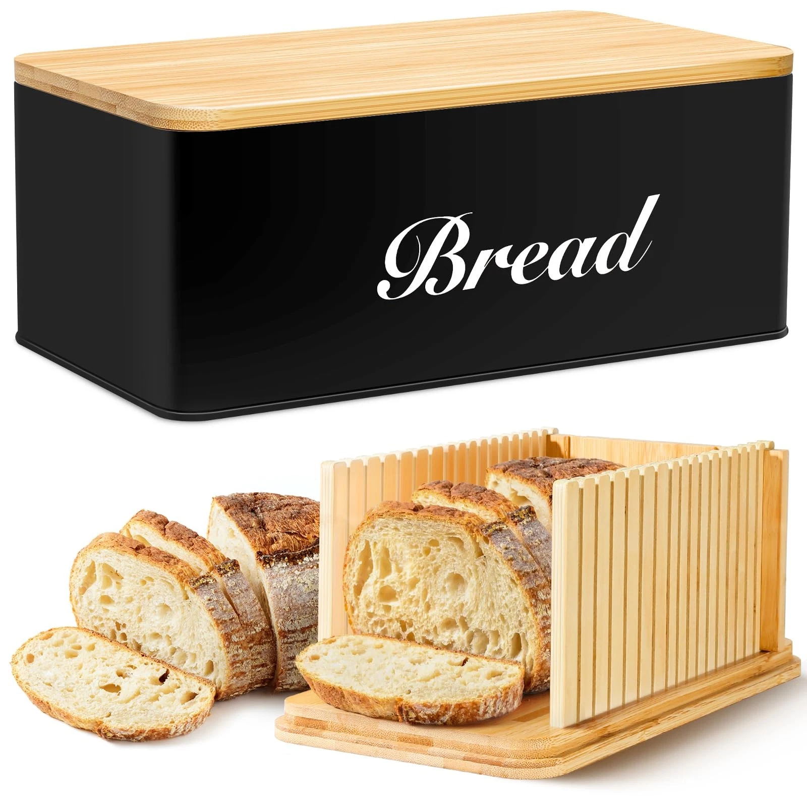 RYTOXILO Bread Slicer with Bread Box, Black Bread Storage Container for Kitch...